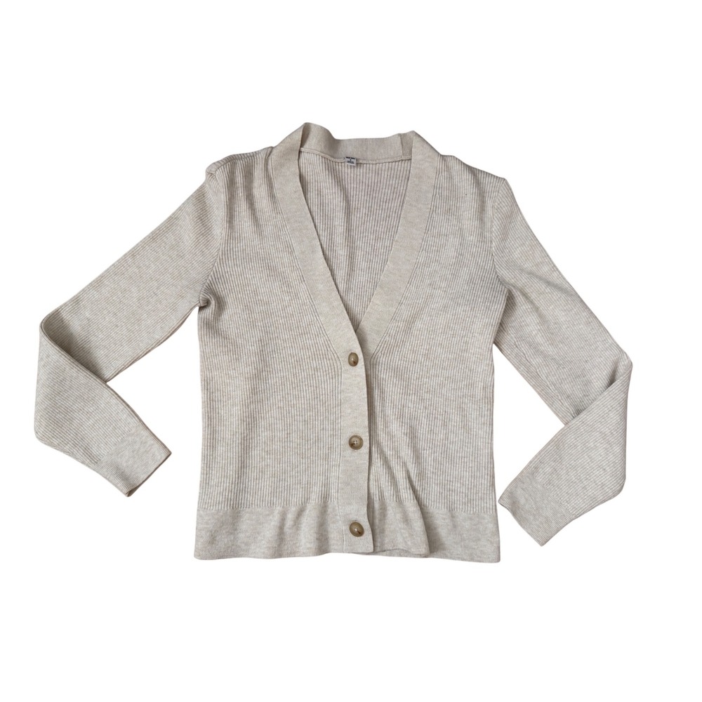 UNIQLO Womens Cardigan Ribbed Knit Minimalist Quiet Luxury Neutral Size S